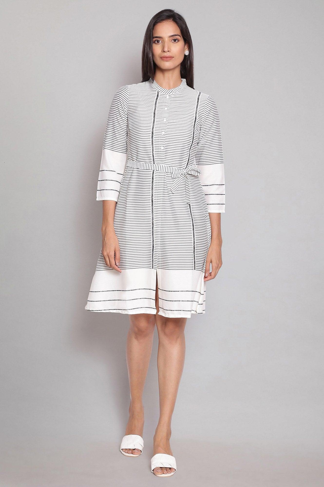 Ecru Mandarin Collar Striped A-line Dress - wforwoman