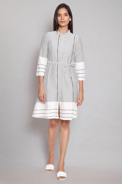 Ecru Mandarin Collar Striped A-line Dress - wforwoman