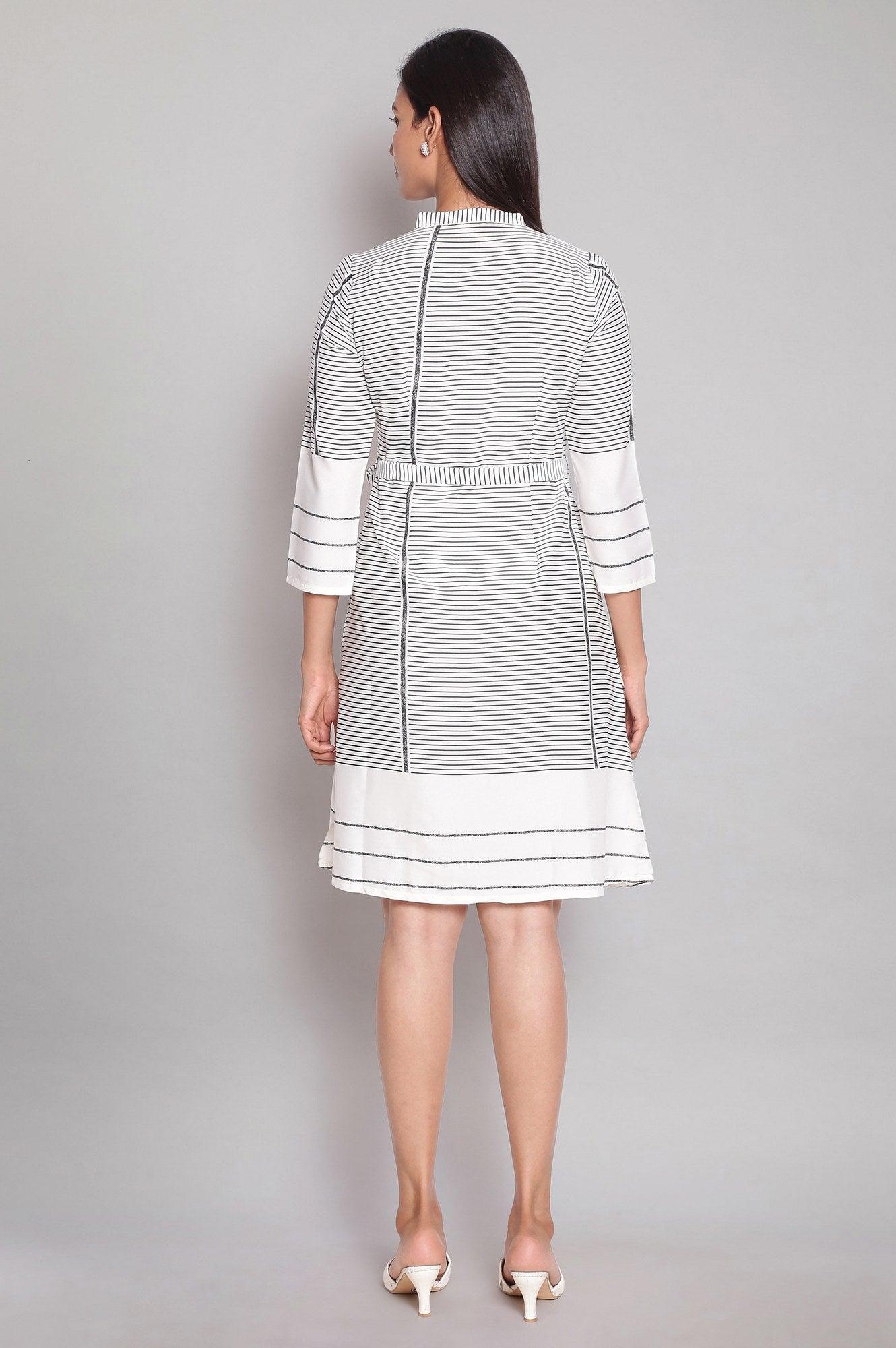 Ecru Mandarin Collar Striped A-line Dress - wforwoman