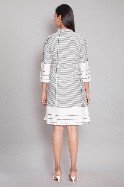 Ecru Mandarin Collar Striped A-line Dress - wforwoman