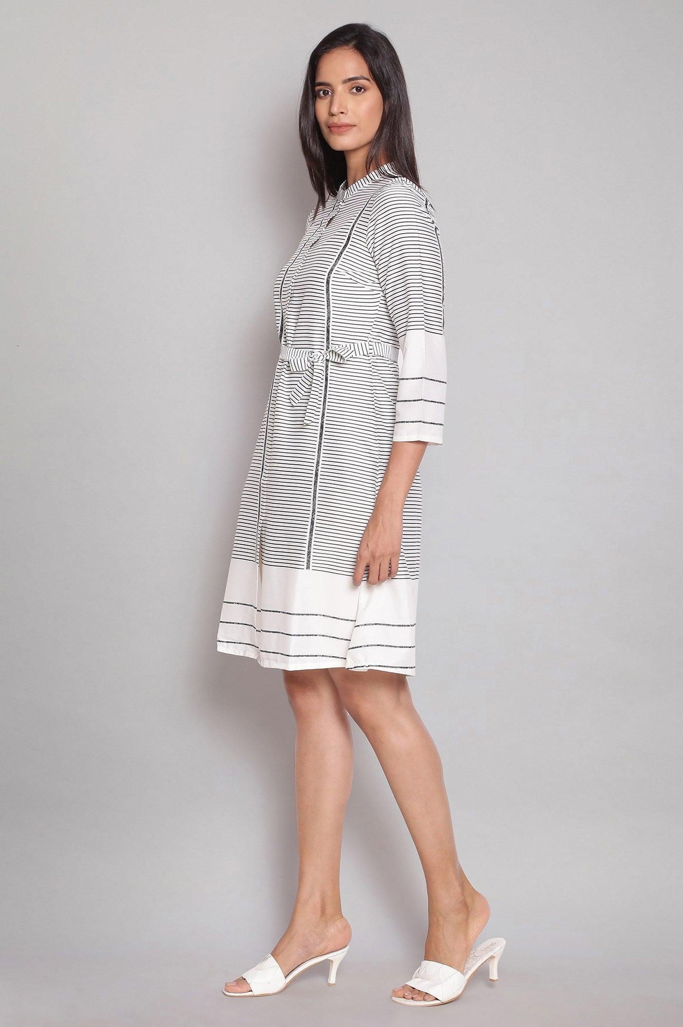 Ecru Mandarin Collar Striped A-line Dress - wforwoman