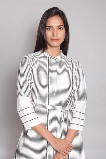 Ecru Mandarin Collar Striped A-line Dress - wforwoman