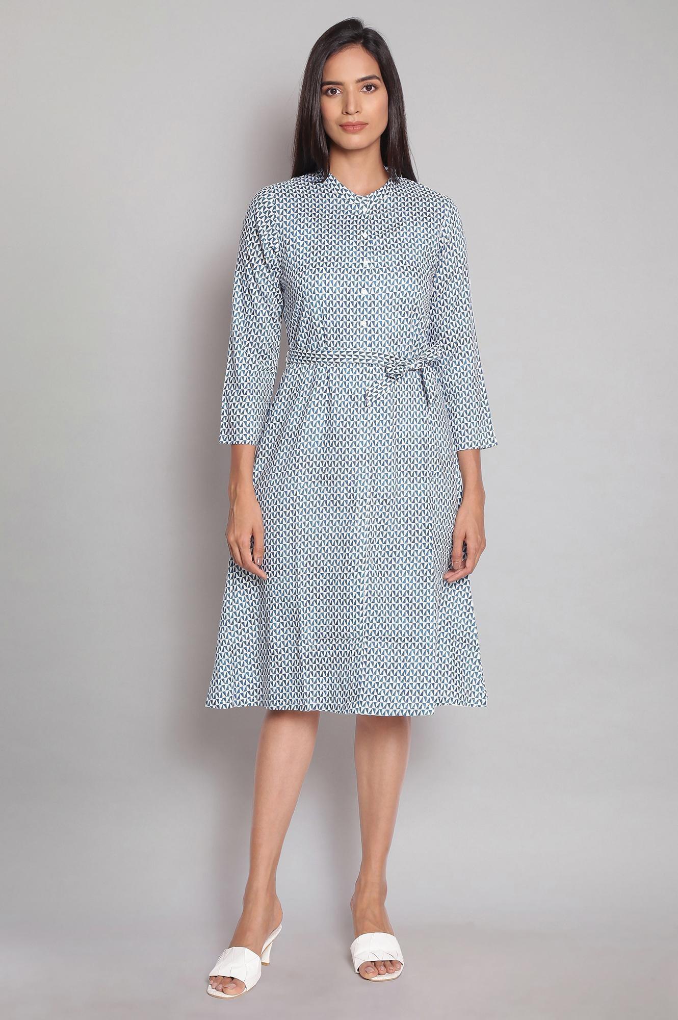 Ecru and Blue Geometric Printed Dress - wforwoman