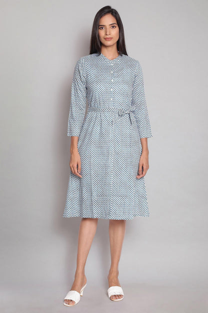 Ecru and Blue Geometric Printed Dress - wforwoman