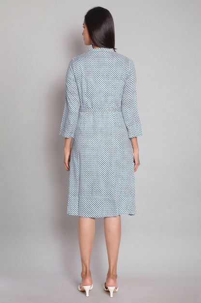 Ecru and Blue Geometric Printed Dress - wforwoman