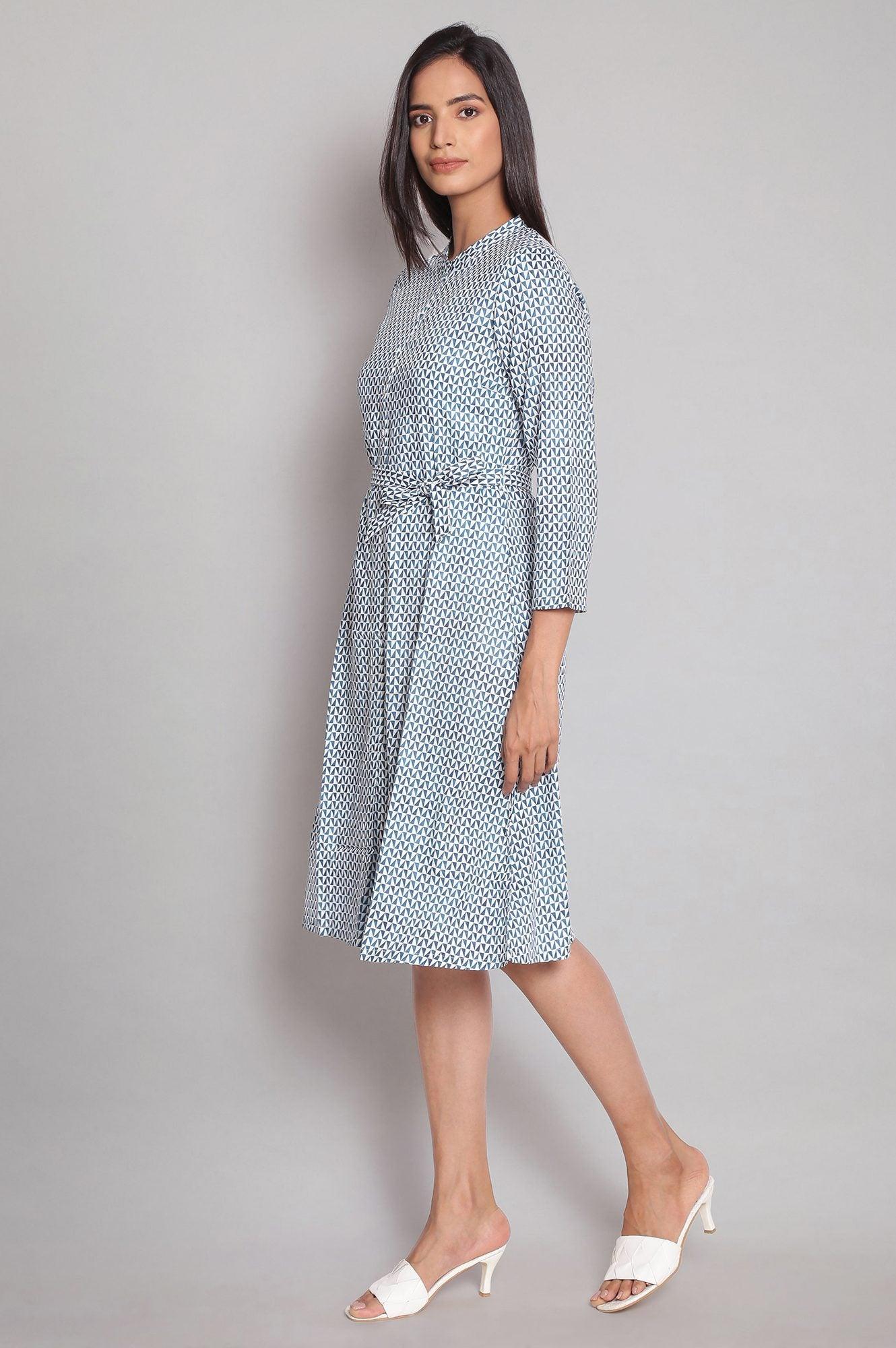 Ecru and Blue Geometric Printed Dress - wforwoman