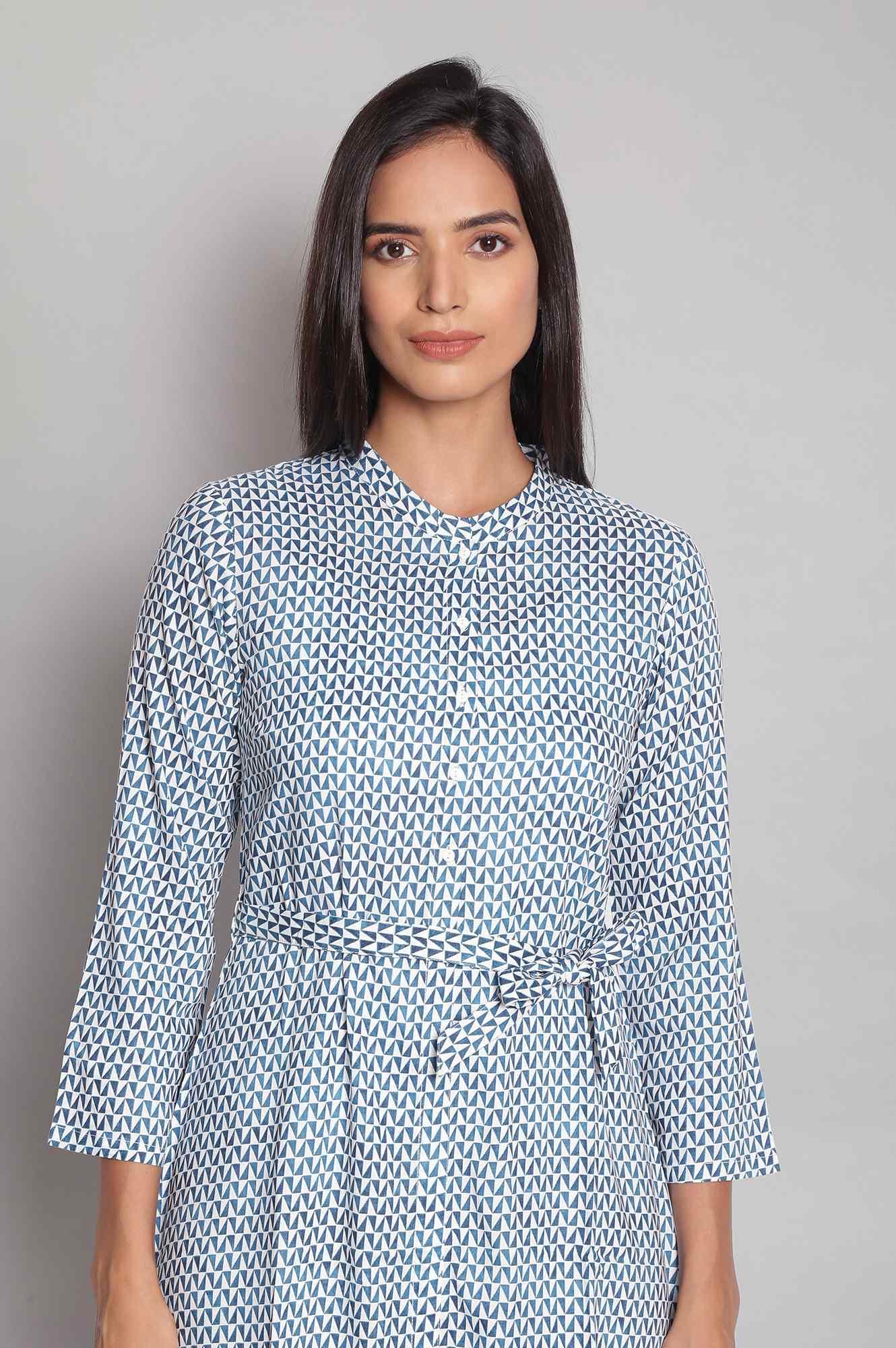 Ecru and Blue Geometric Printed Dress - wforwoman