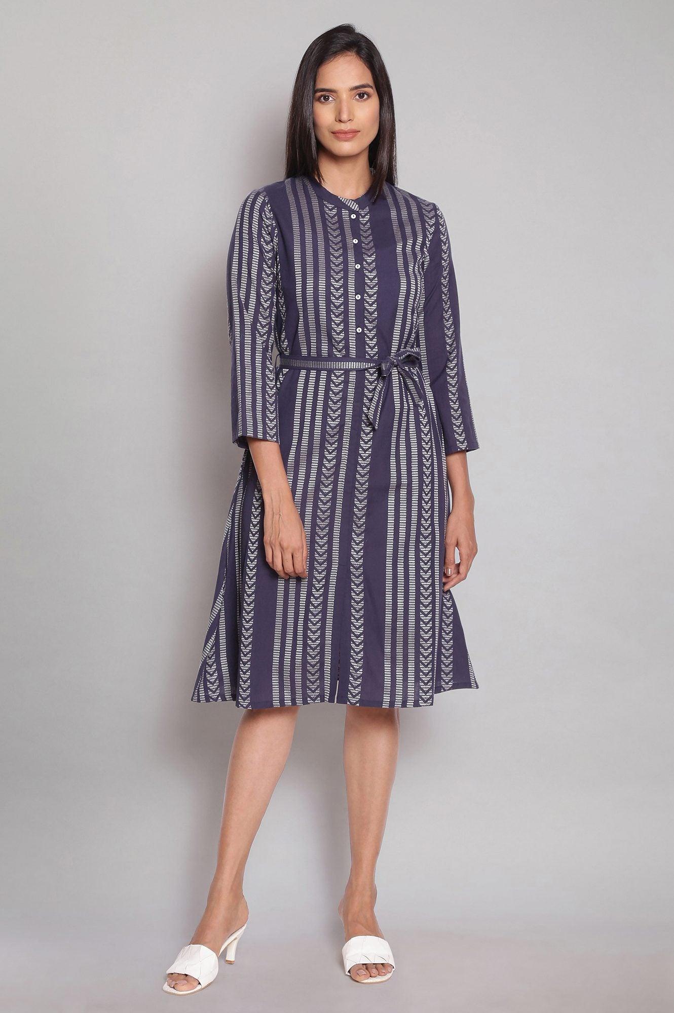 Navy Blue Printed Dobby Shirt Dress - wforwoman