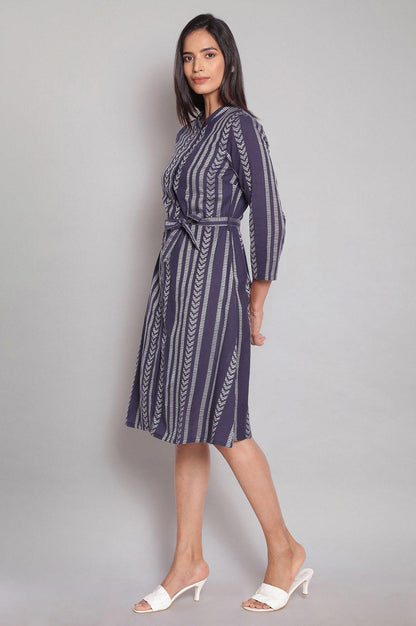 Navy Blue Printed Dobby Shirt Dress - wforwoman