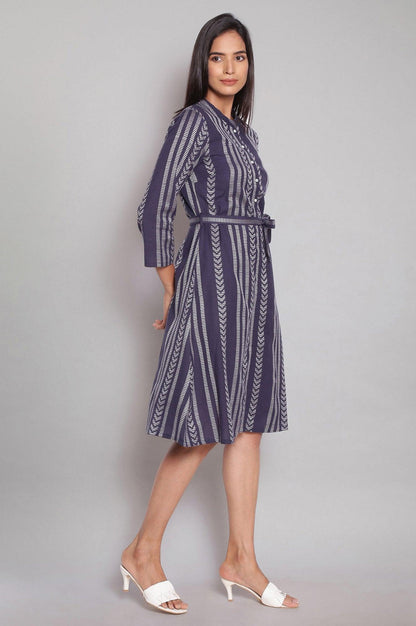 Navy Blue Printed Dobby Shirt Dress - wforwoman