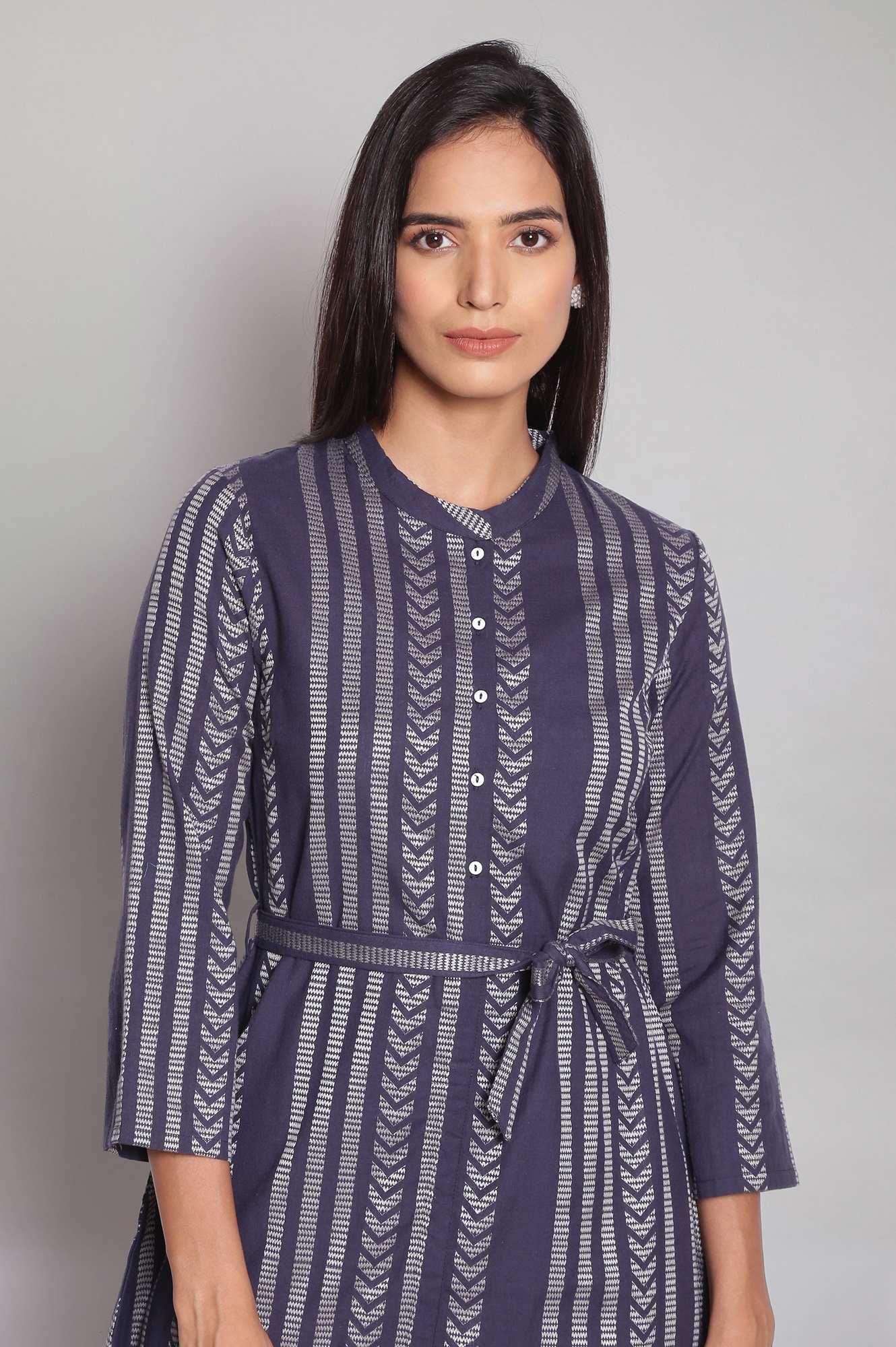 Navy Blue Printed Dobby Shirt Dress - wforwoman