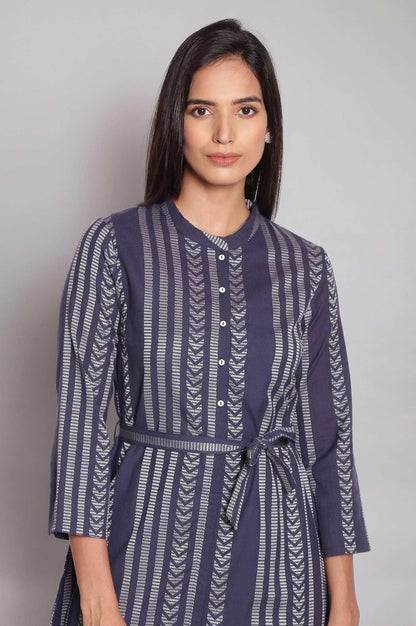 Navy Blue Printed Dobby Shirt Dress - wforwoman