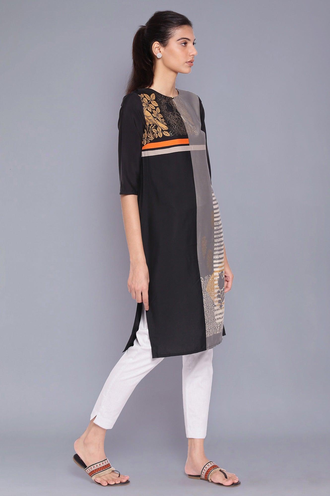 Black And Grey Geometric Print kurta - wforwoman