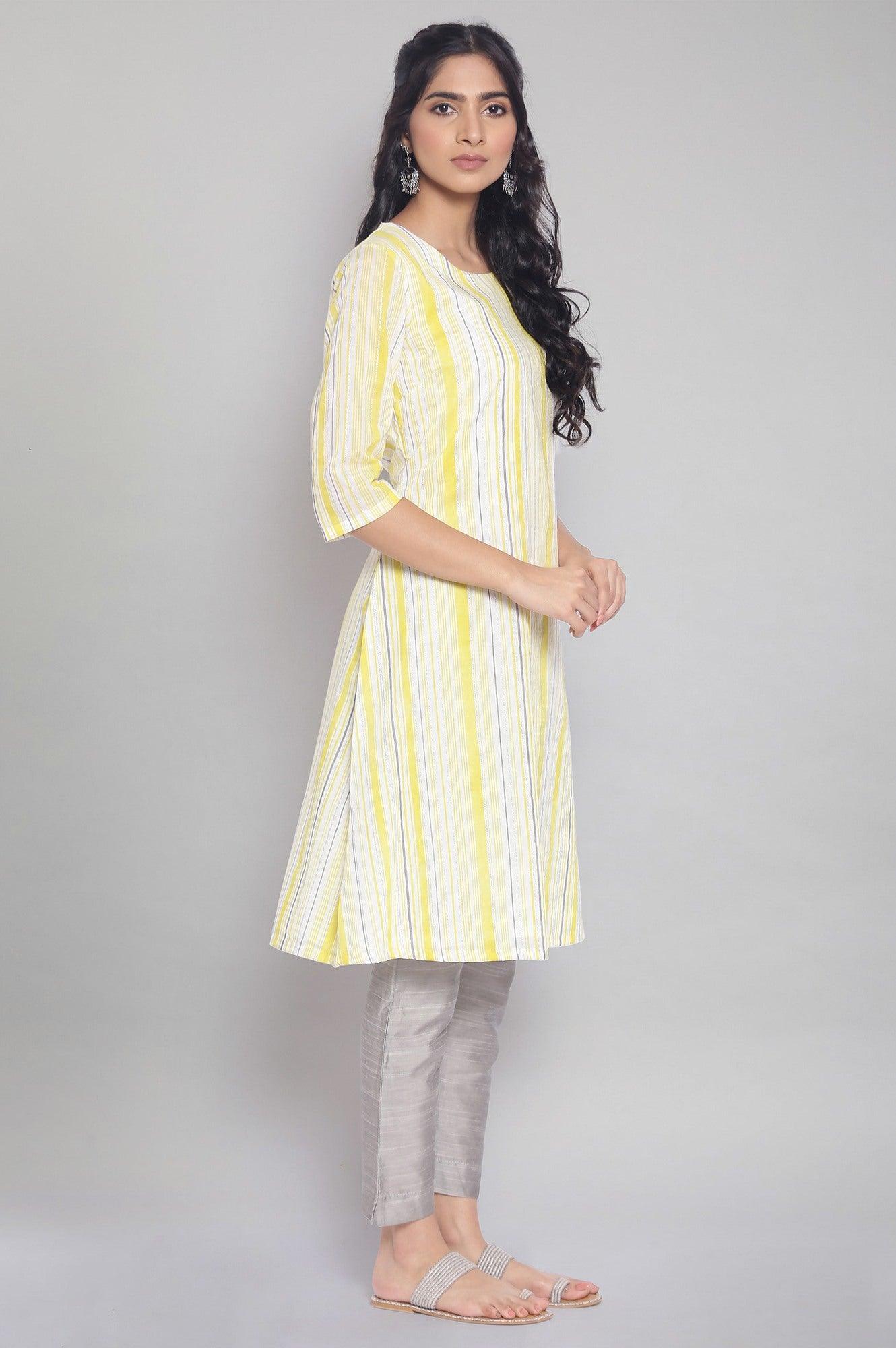 Light Yellow Stripe Printed kurta - wforwoman
