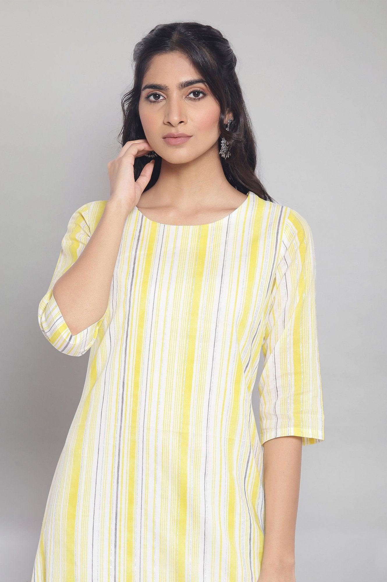 Light Yellow Stripe Printed kurta - wforwoman