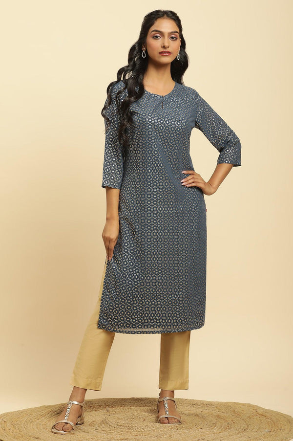 Blue Foil Printed Straight Kurta