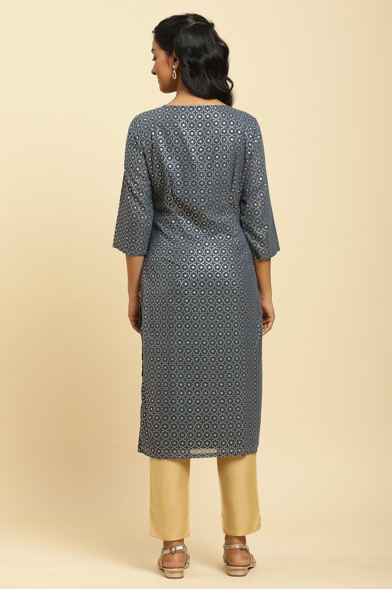 Blue Foil Printed Straight Kurta - wforwoman
