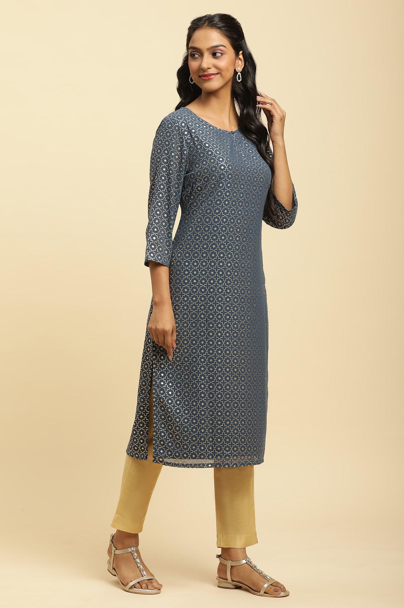 Blue Foil Printed Straight Kurta - wforwoman