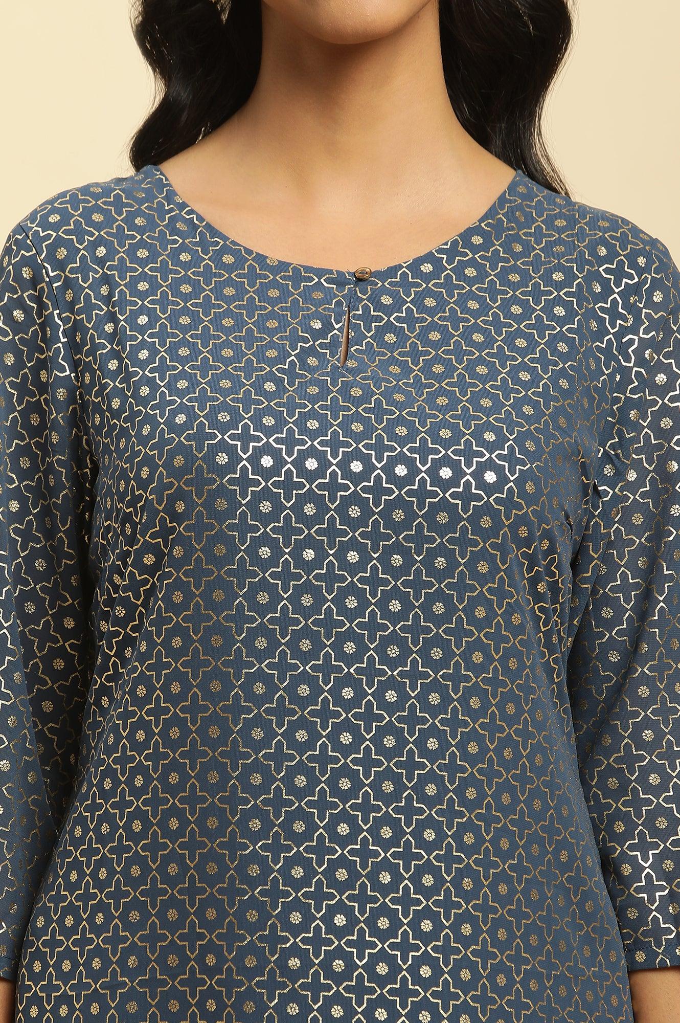 Blue Foil Printed Straight Kurta - wforwoman