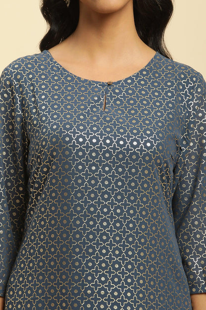 Blue Foil Printed Straight Kurta - wforwoman