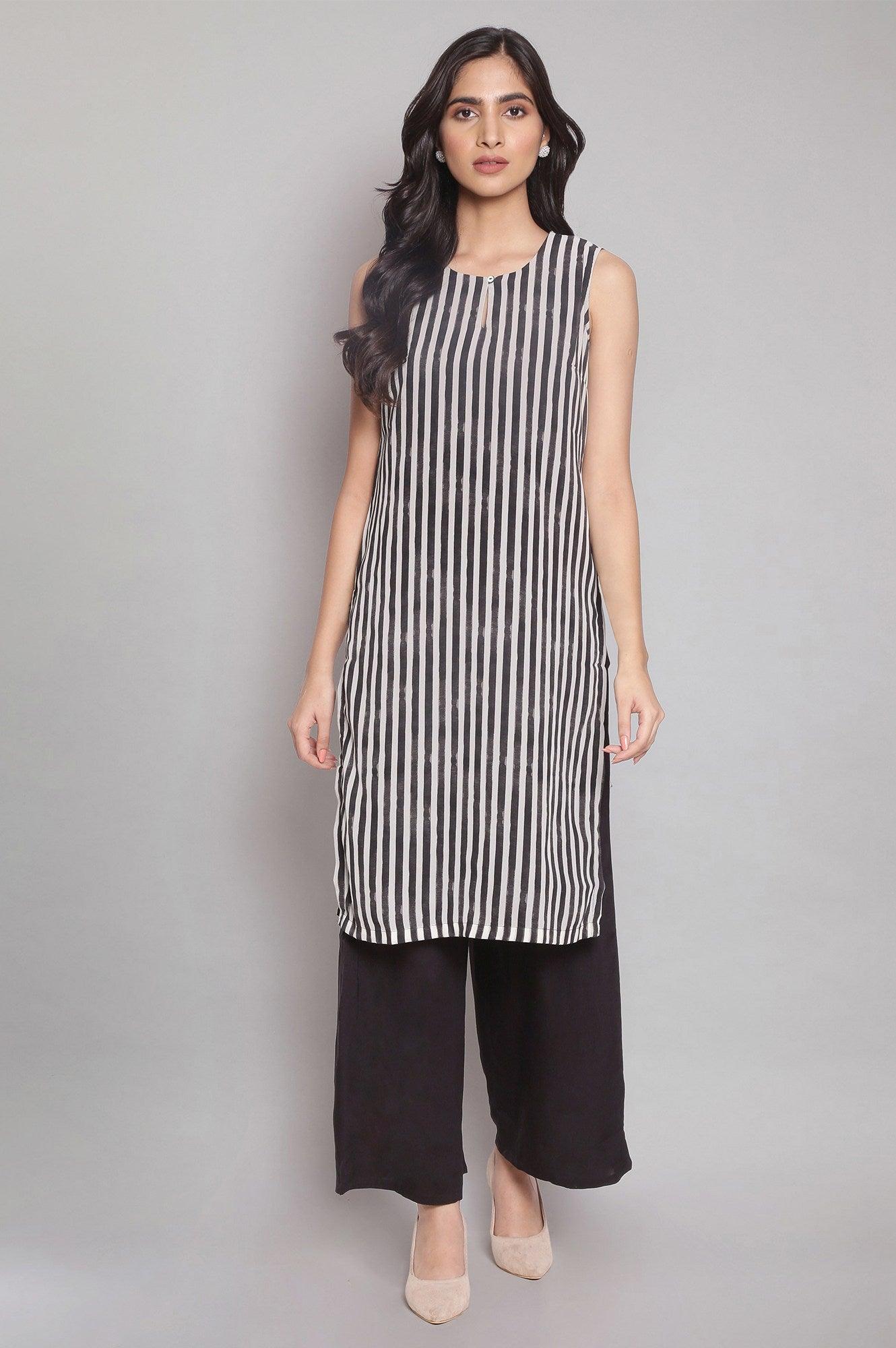 Ecru And Black Stripe Print kurta In Round Neck - wforwoman