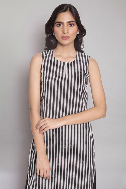 Ecru And Black Stripe Print kurta In Round Neck - wforwoman