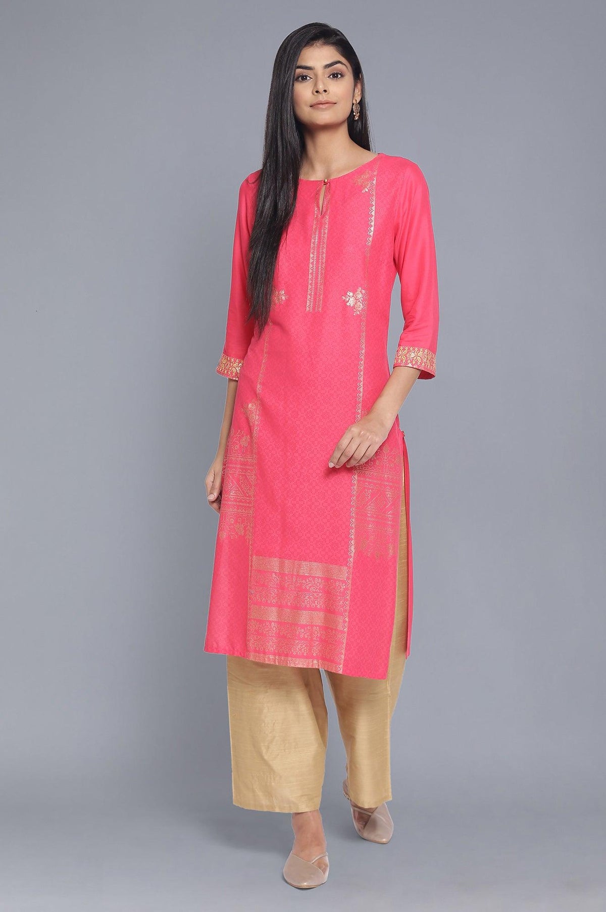 Pink Foil Pirnt Festive kurta - XS