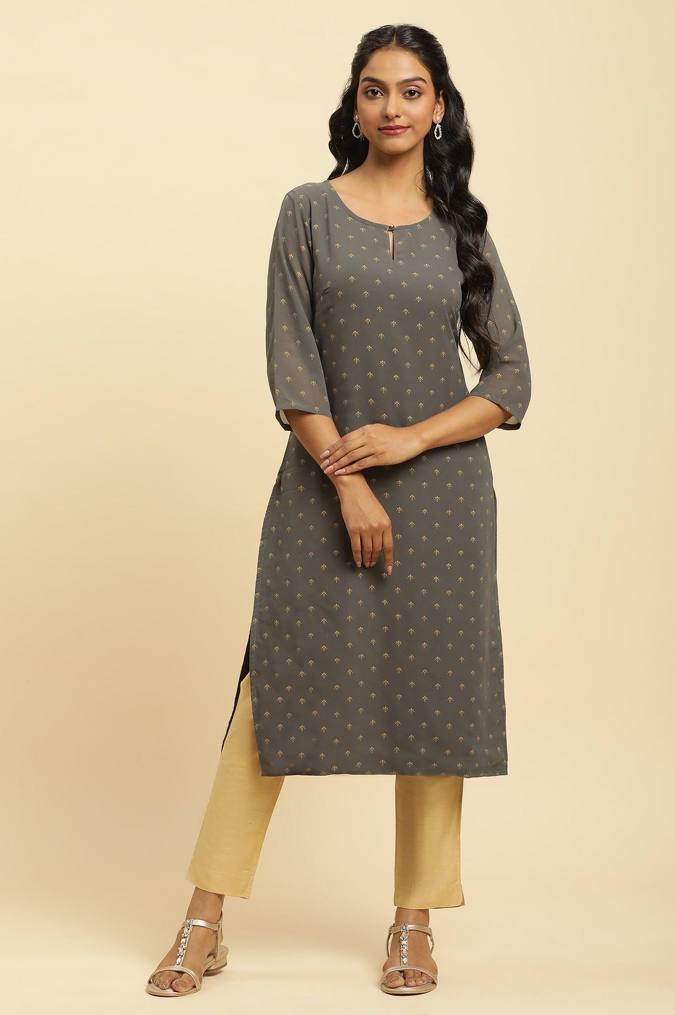 Grey Foil Printed Festive Kurta - wforwoman