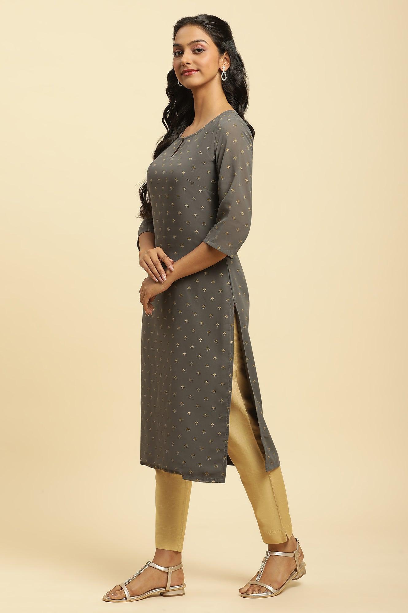 Grey Foil Printed Festive Kurta - wforwoman