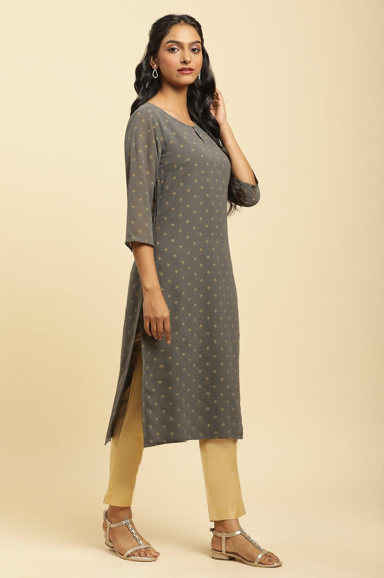 Grey Foil Printed Festive Kurta - wforwoman