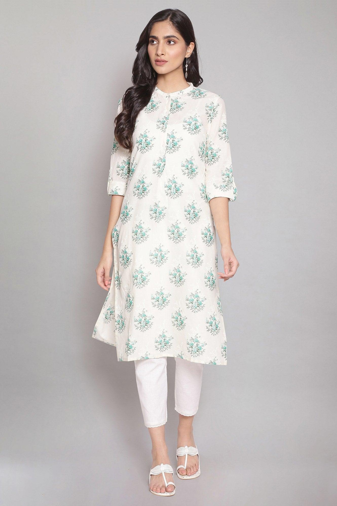 Ecru All-Over Floral Print kurta - wforwoman