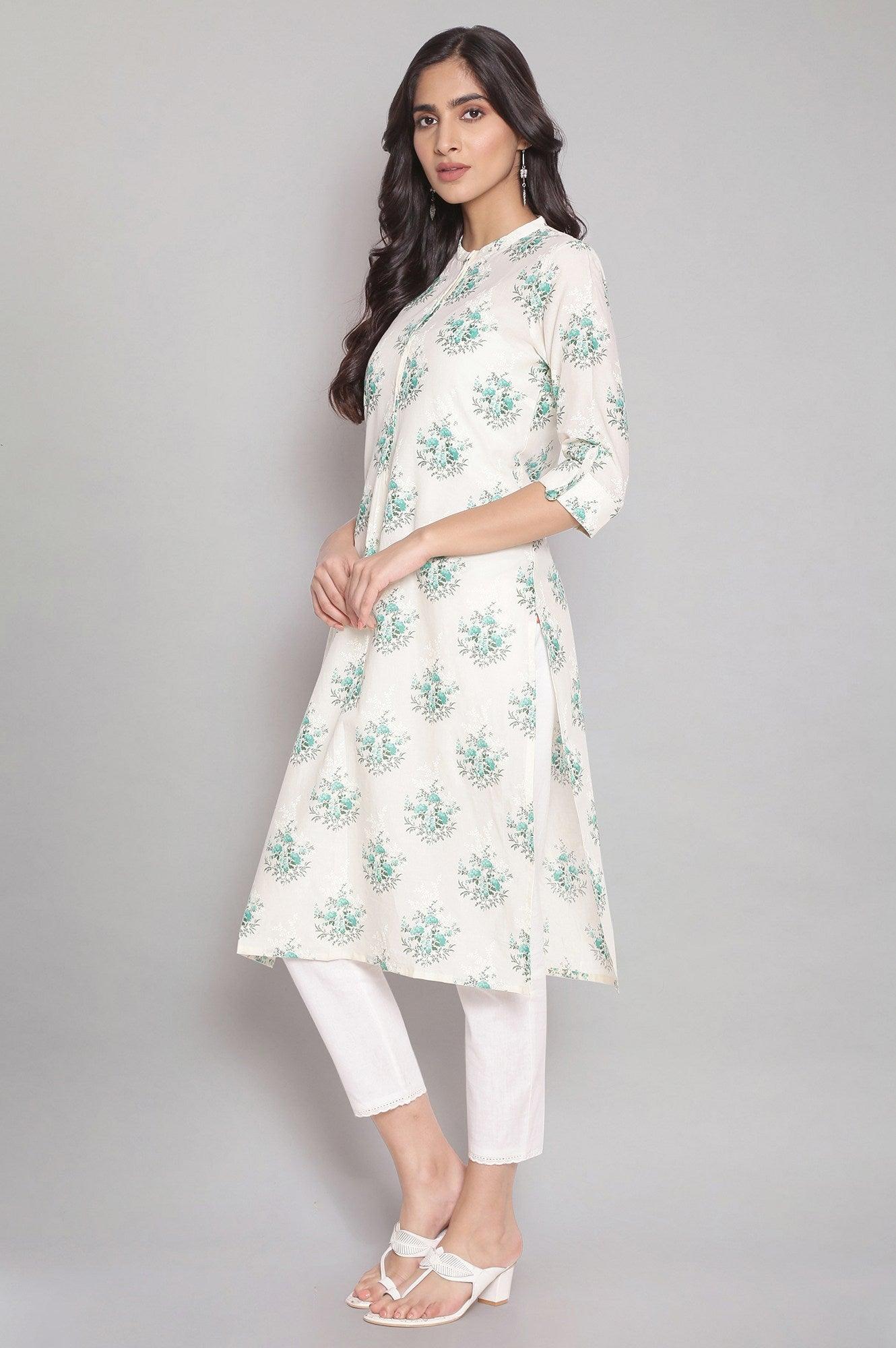 Ecru All-Over Floral Print kurta - wforwoman
