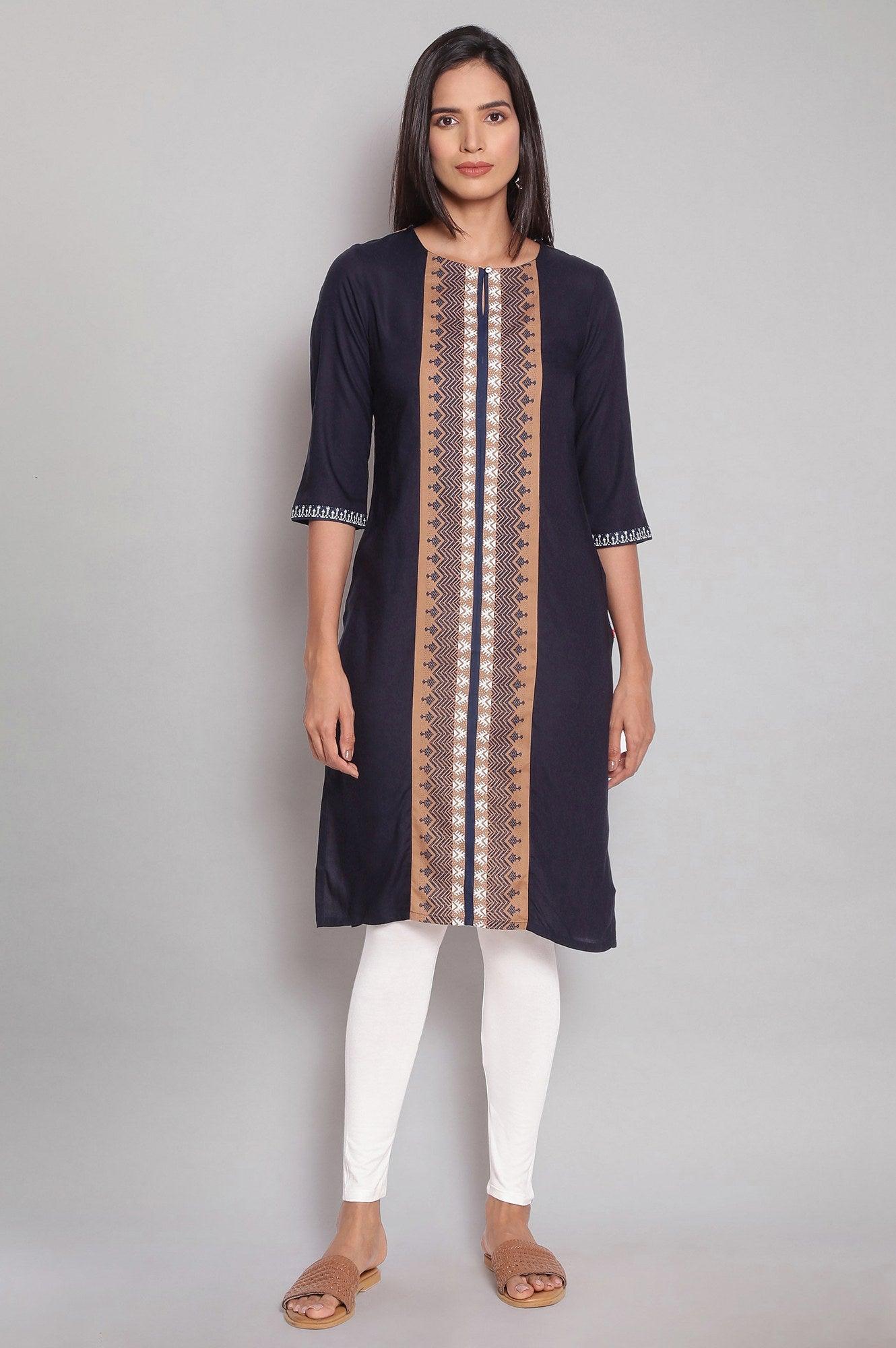 Navy Blue Round Neck kurta With Placement Print - wforwoman