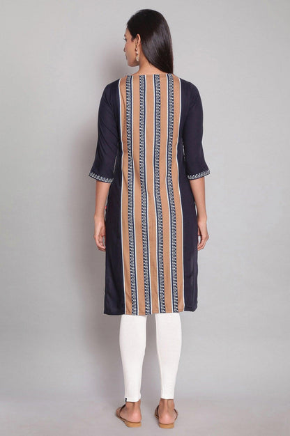 Navy Blue Round Neck kurta With Placement Print - wforwoman
