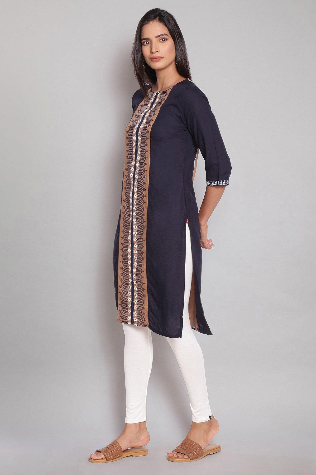 Navy Blue Round Neck kurta With Placement Print - wforwoman