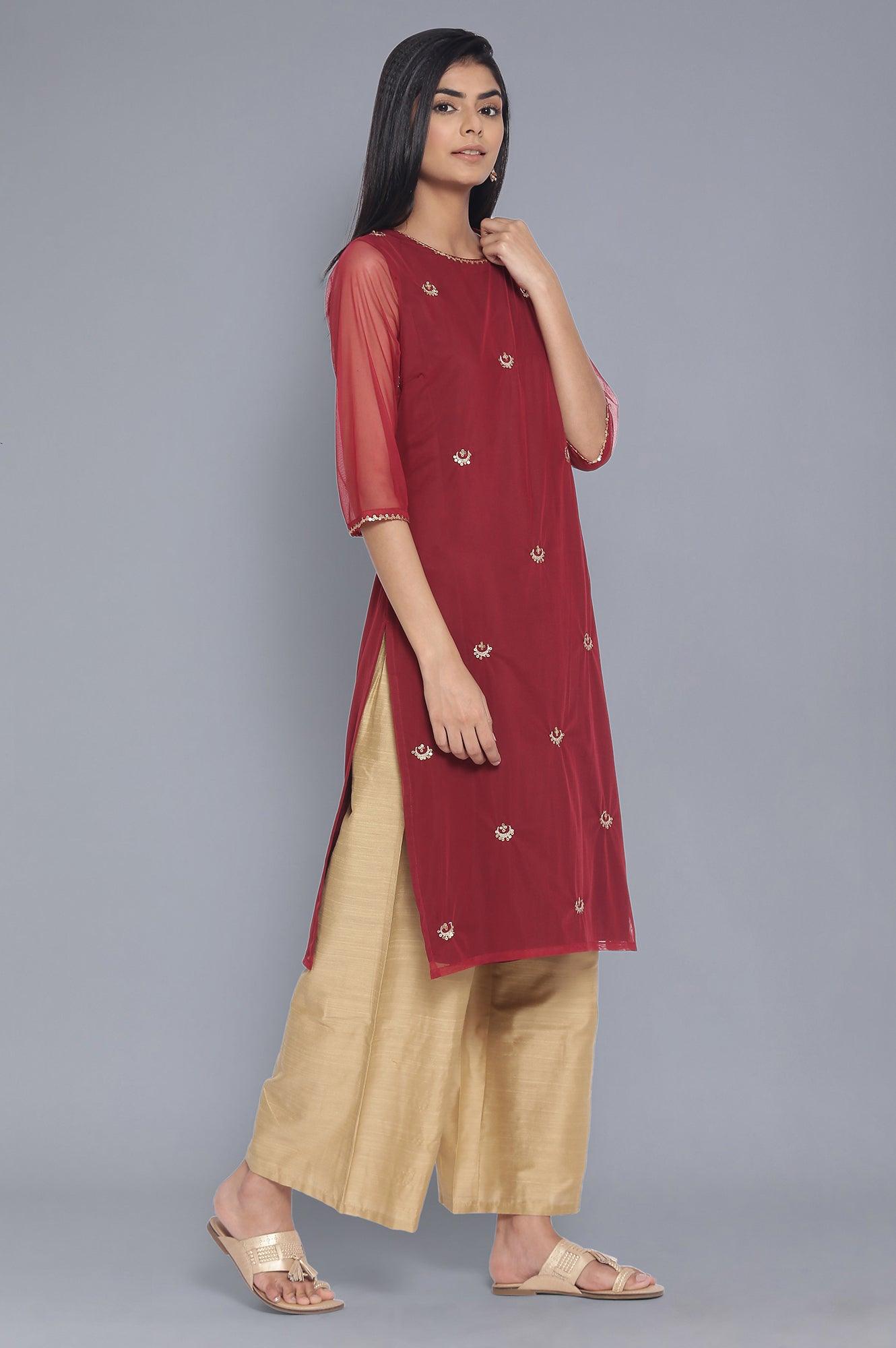 Dark Red Embroidered kurta - wforwoman