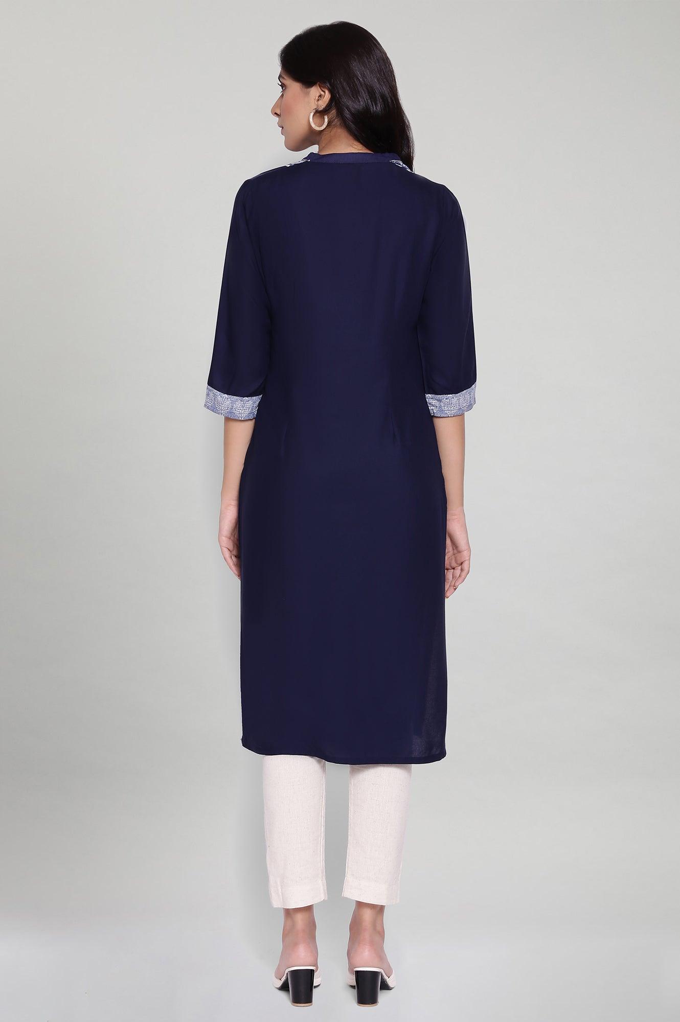 Navy Blue Straight Printed kurta - wforwoman