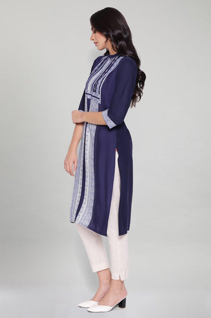Navy Blue Straight Printed kurta - wforwoman