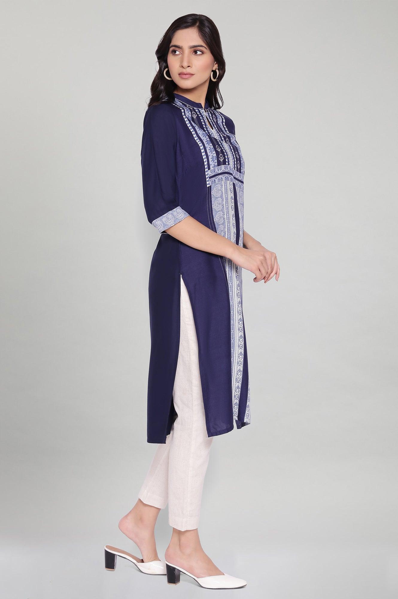 Navy Blue Straight Printed kurta - wforwoman