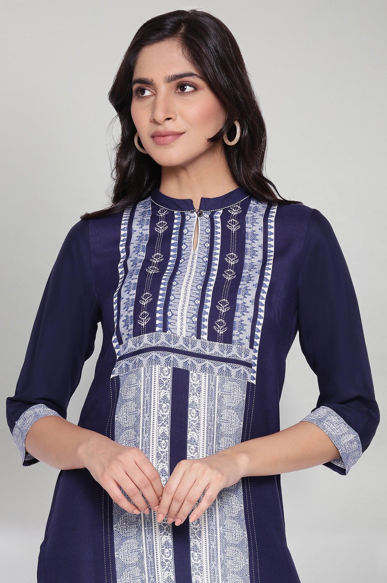 Navy Blue Straight Printed kurta - wforwoman