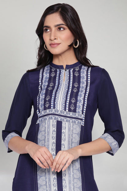 Navy Blue Straight Printed kurta - wforwoman