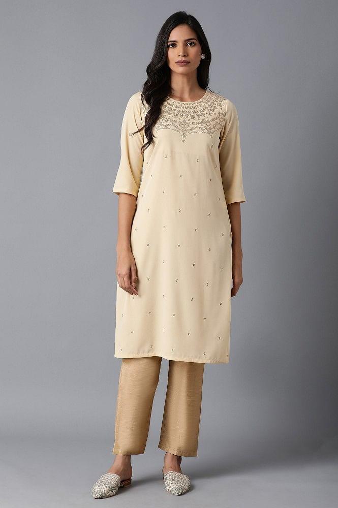 Beige Embroidered kurta - wforwoman