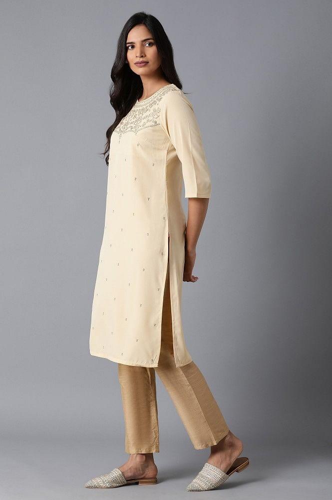 Beige Embroidered kurta - wforwoman