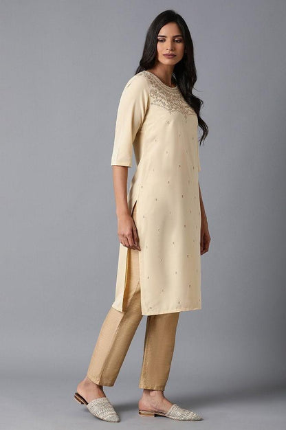 Beige Embroidered kurta - wforwoman