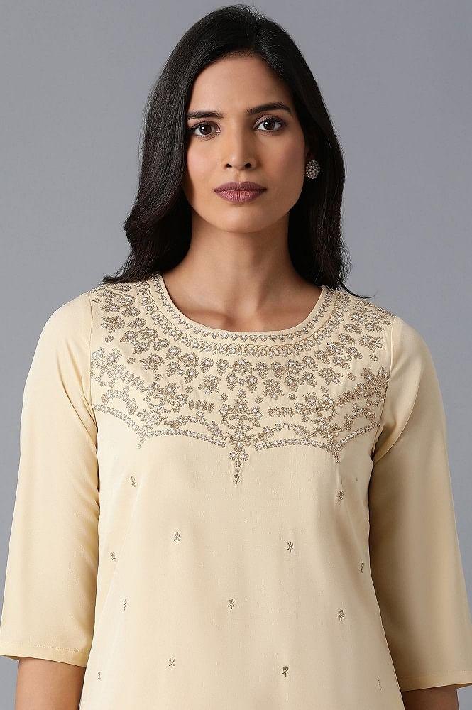Beige Embroidered kurta - wforwoman