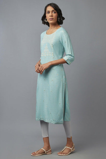 Light Blue Floral Print kurta in Round Neck with Dori Embroidery - wforwoman