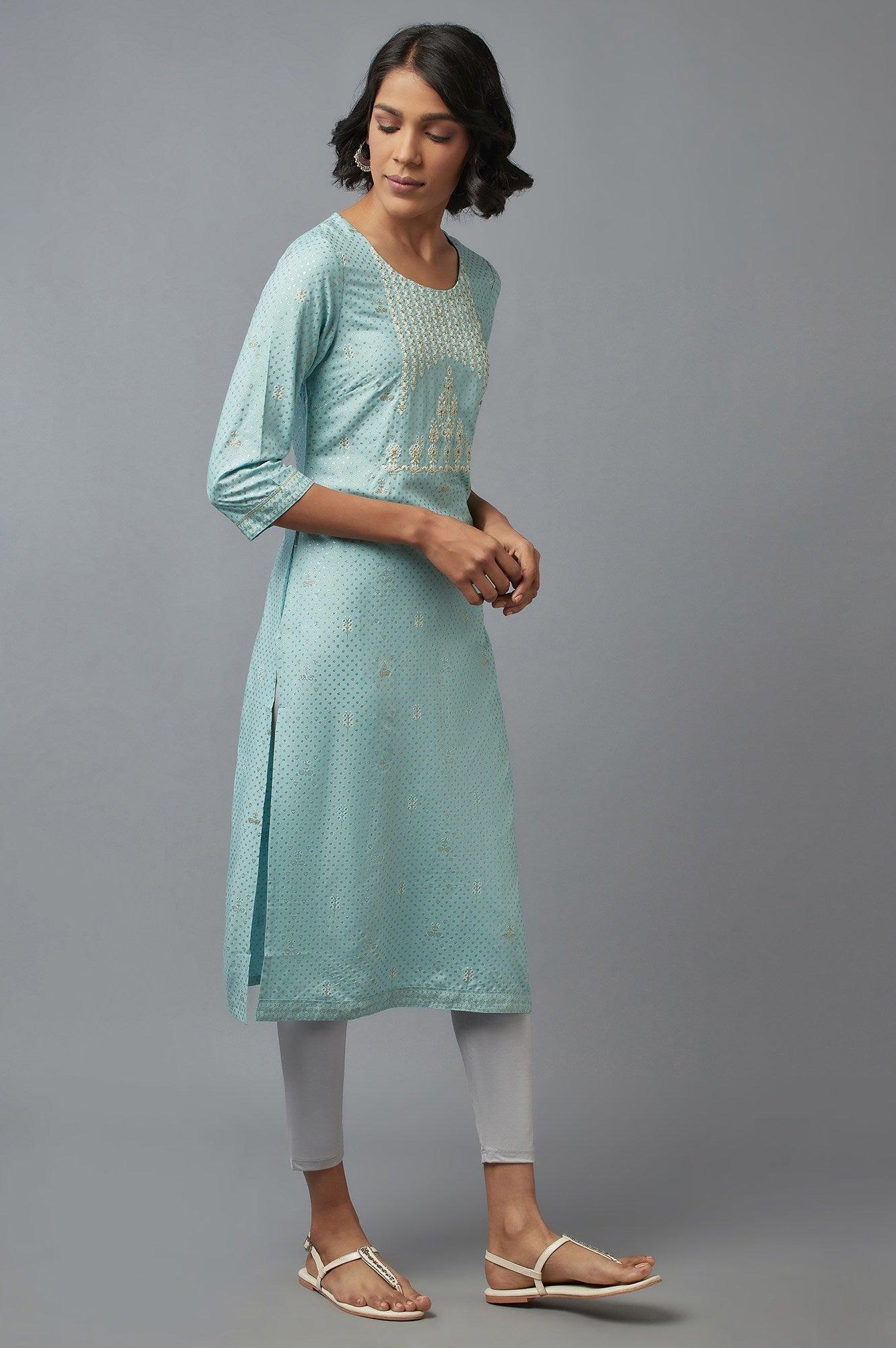 Light Blue Floral Print kurta in Round Neck with Dori Embroidery - wforwoman
