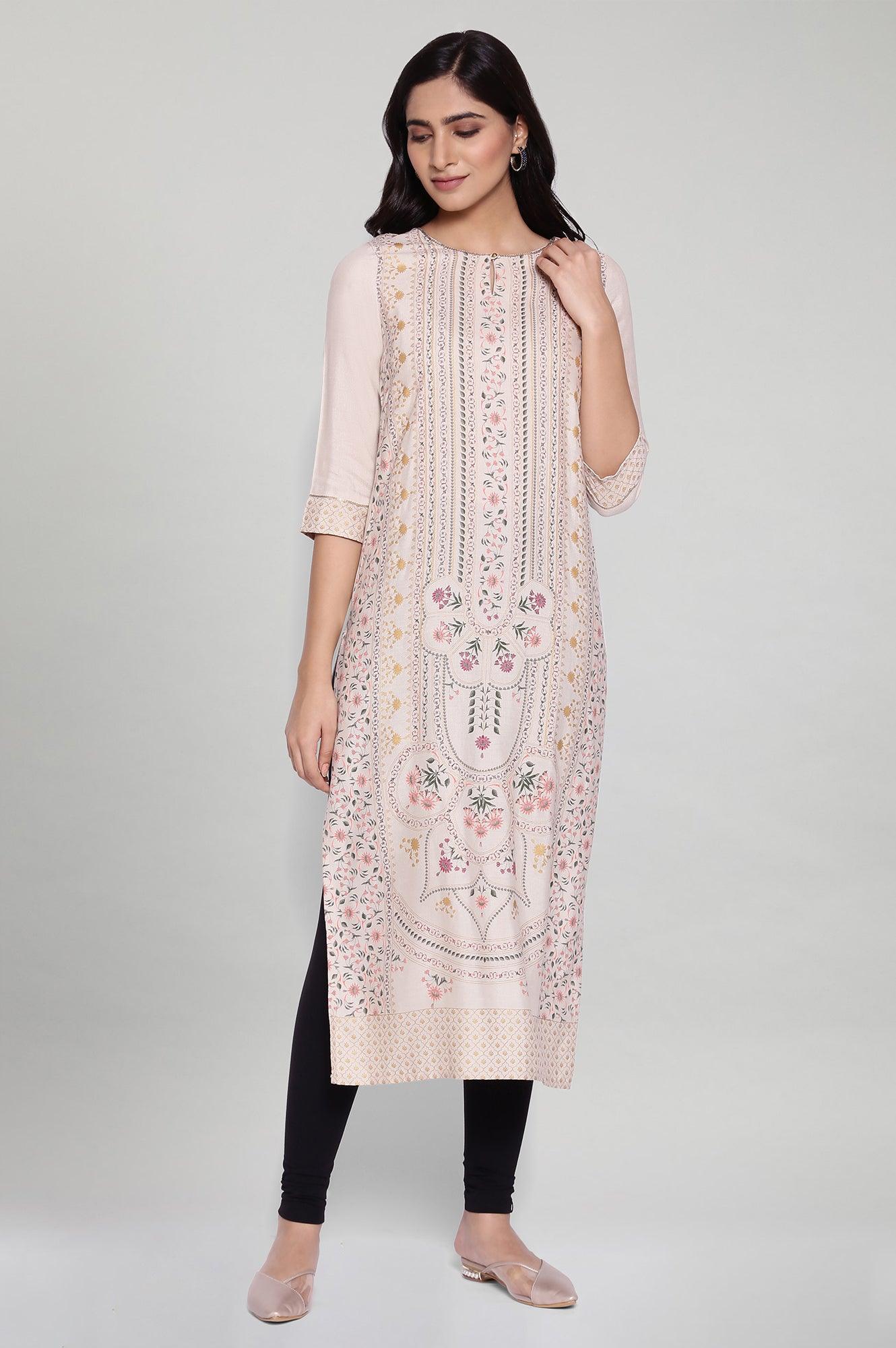 Beige Floral Print kurta - wforwoman