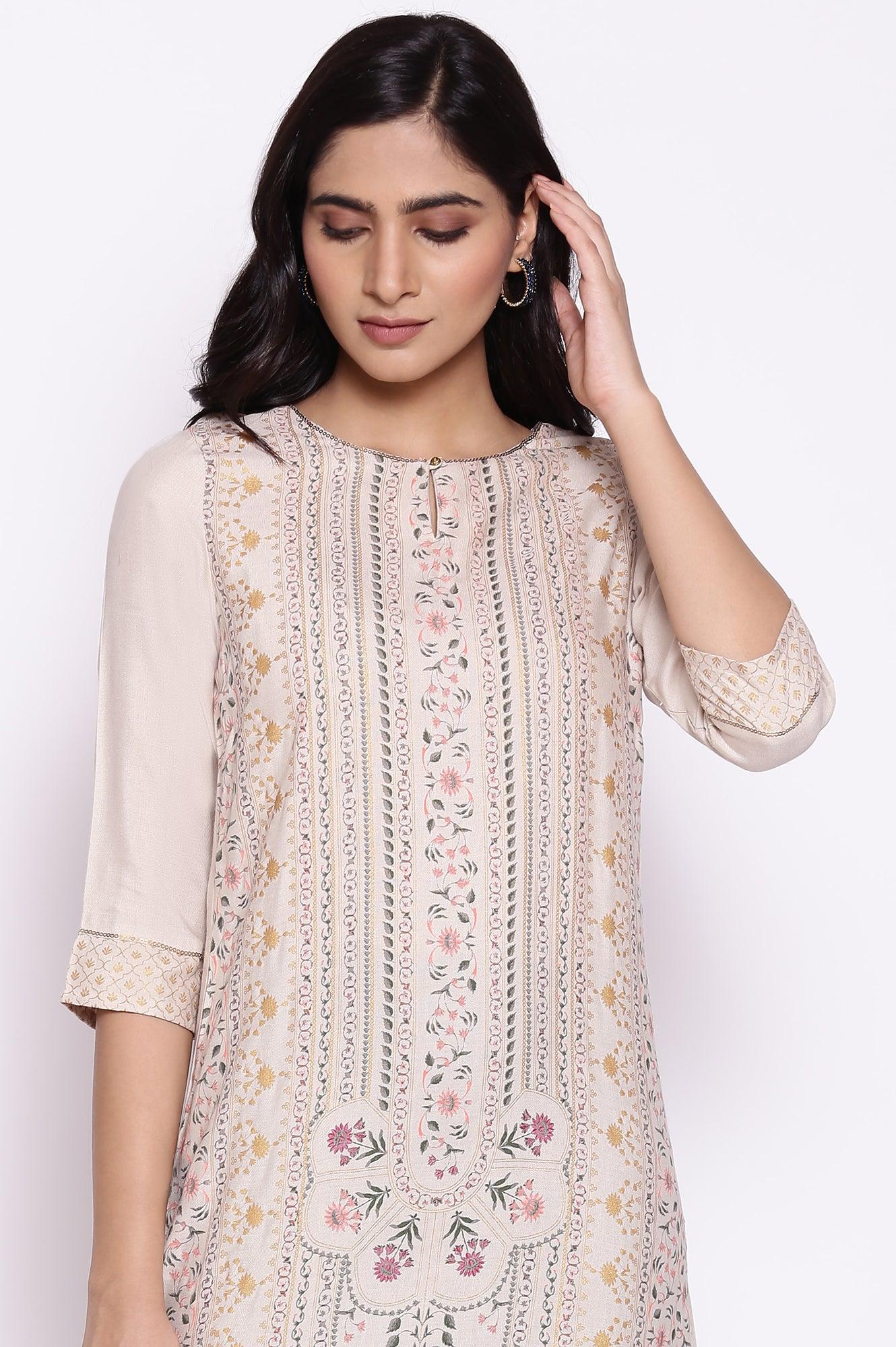 Beige Floral Print kurta - wforwoman