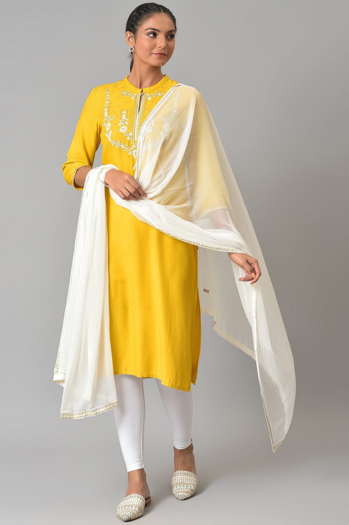 Yellow Embroidered kurta With White Tights And Dupatta. - 6